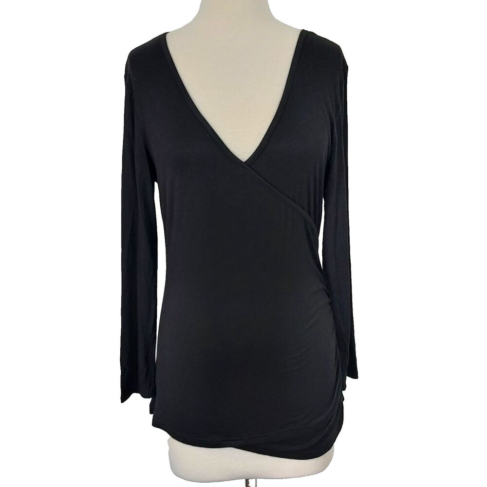 Beauhuty Women's L Deep V Neck Slim Fitted Long Sleeve Shirt Top Solid Black NWT